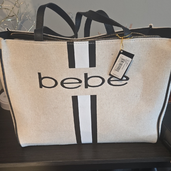 bebe Handbags - bebe Beige LARGE Canvas Tote with Black & White Center Stripe NWT